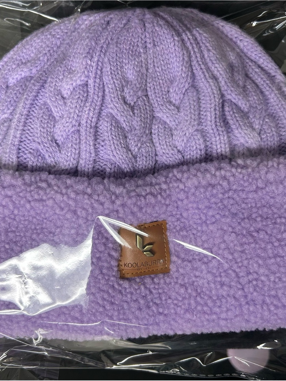 UGG Koolaburra Lavender Cable Knit Beanie with Leather Logo Patch